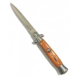 COLTELLO A SCATTO LAMA INOX CON MANICO IN LEGNO COLORE CASTANO CM. 22
