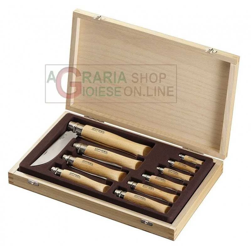 OPINEL SET COLLEZIONE 10 COLTELLI OPINEL LAMA CARBONIO DA N. 2 A 12 CON SCATOLA IN LEGNO CON COPERCHIO 1 OPINEL SET COLLEZIONE 10 COLTELLI OPINEL LAMA CARBONIO DA N. 2 A 12 CON SCATOLA IN LEGNO CON COPERCHIO